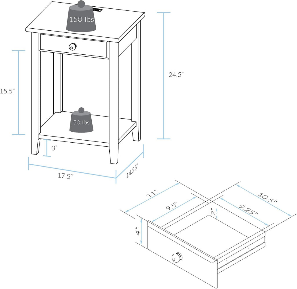 Casual Home Owl Night Stand with USB Port Charging Station and Drawer, 17.5"W x 14.25"D x 24.5"H, Warm Brown