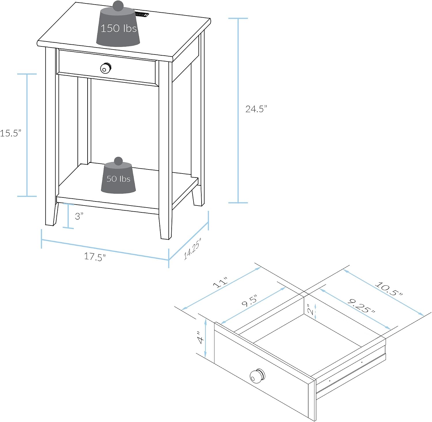 Casual Home Owl Night Stand with USB Port Charging Station and Drawer, 17.5"W x 14.25"D x 24.5"H, Warm Brown