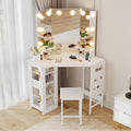 Garvee Corner Vanity Desk and Stool, Corner Makeup Vanity Set with Light | with 3 Modes Lights, Power Outlet, 2 Cabinets & 1 Cloth Storage Bag