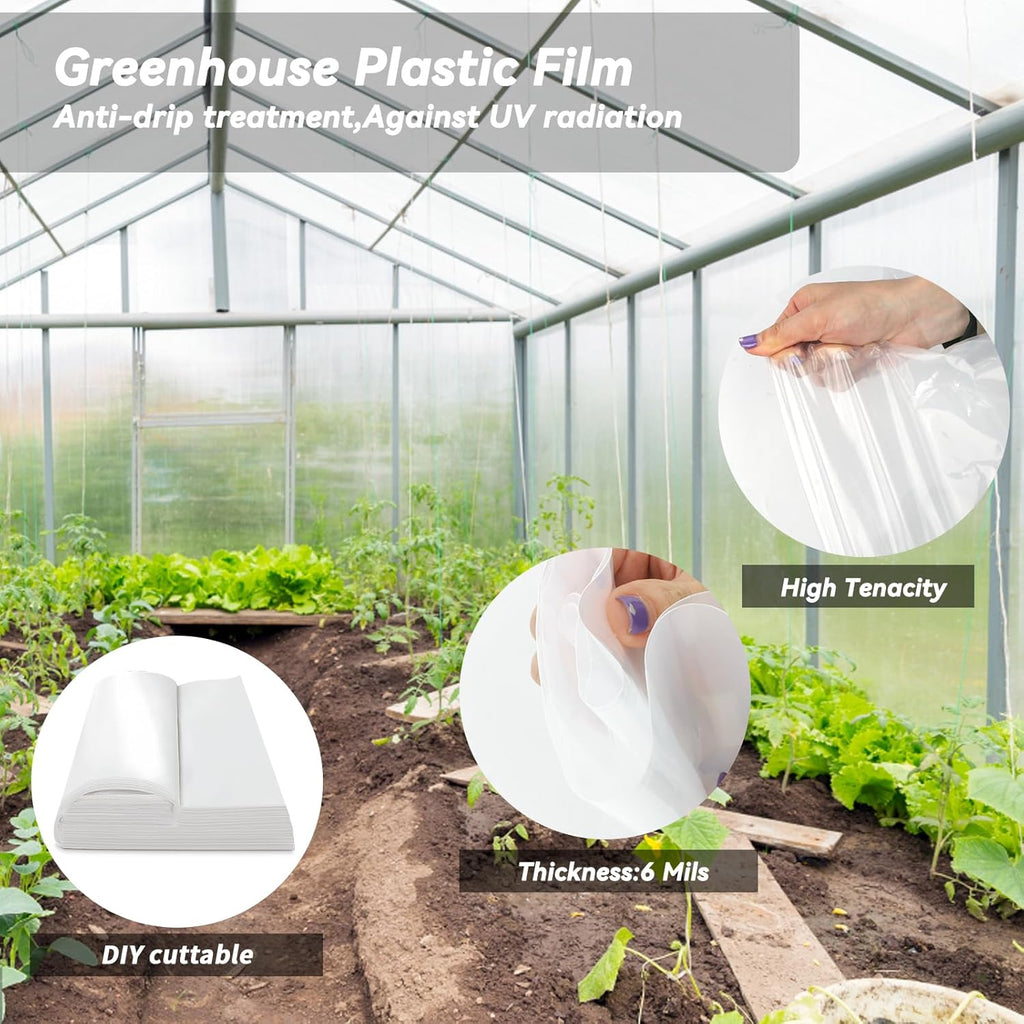 6.5x19.7Ft Clear Greenhouse Film Plastic Sheeting, Greenhouse Polyethylene Plastic Film 6 mil Thickness Replacement Cover, UV Resistant, Plant Covers Freeze Protection for Windproof Frost& Dust Proof