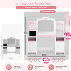 MU Kids Vanity, Girl Vanity Set with Mirror and Stool, 2 in 1 Toddler Makeup Vanity Table with Jewelry Storage, Wooden Princess Makeup Desk Dressing Table for Little Girls, (White)
