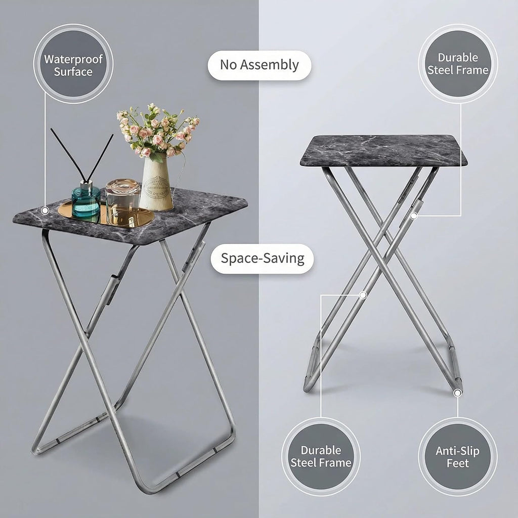 Tv Trays Folding Tv Table, Dinner Table for Eating with Sturdy Metal Frame, Small Foldable Snack Trays Table for Living Room, Couch,Sofa, Bed, No Assembly Required (Black Marble)