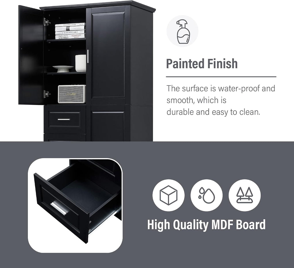 Merax 62.2" Pantry Cabinet with Three Doors & Three Drawers, Adjustable Shelves Storage Cupboard for Kitchen/Dining Room/Bathroom, Black