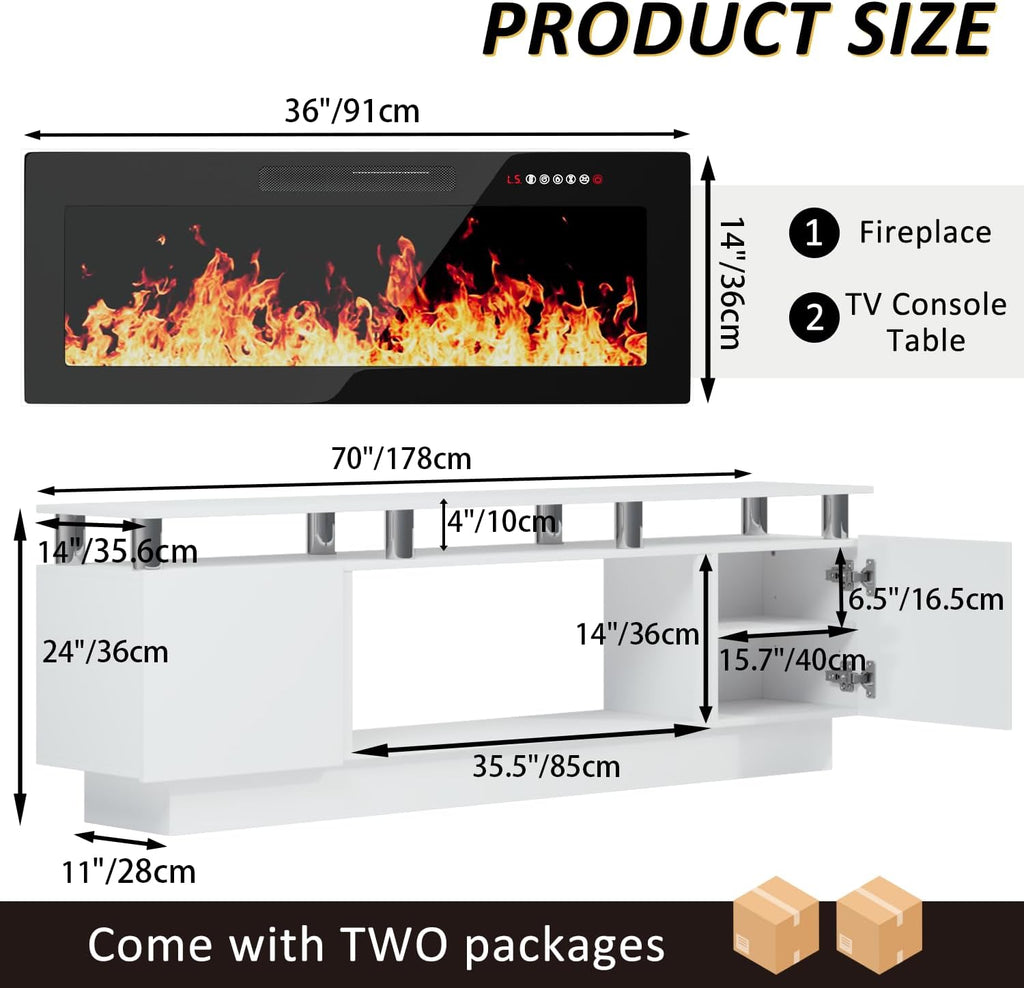 LEMBERI 70" Fireplace TV Stand for TVs up to 80", White | 36" electric fireplace, modern LED entertainment center, high gloss media console with storage cabinet for living room