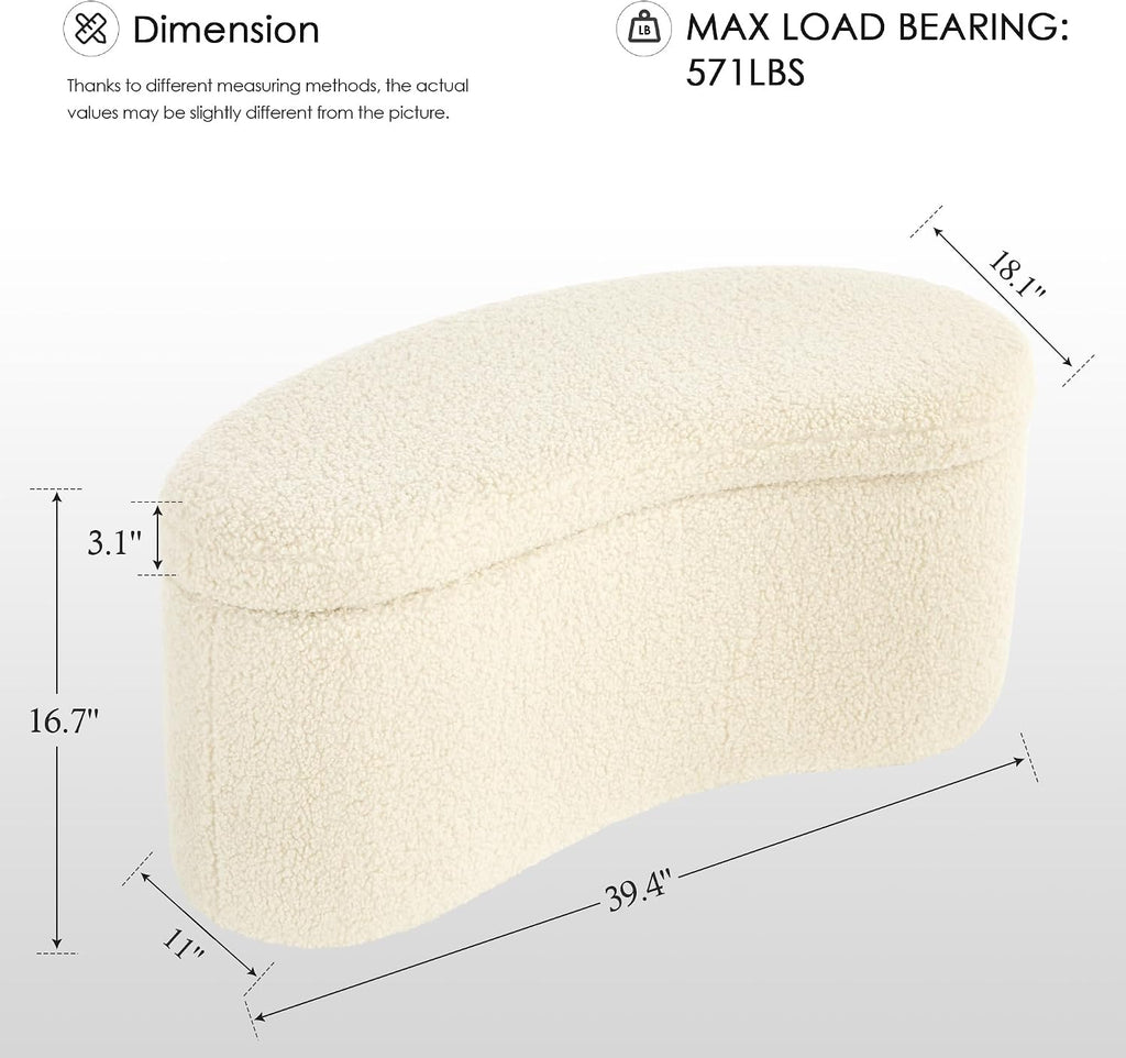 Zesthouse Storage Bench for Bedroom End of Bed, 39.4" Small Curved Entryway Ottoman Bench, White Sherpa Fabric Bench Seat for Living Room Hall Mudroom, Modern Upholstered Coffee Table Crescent Shape