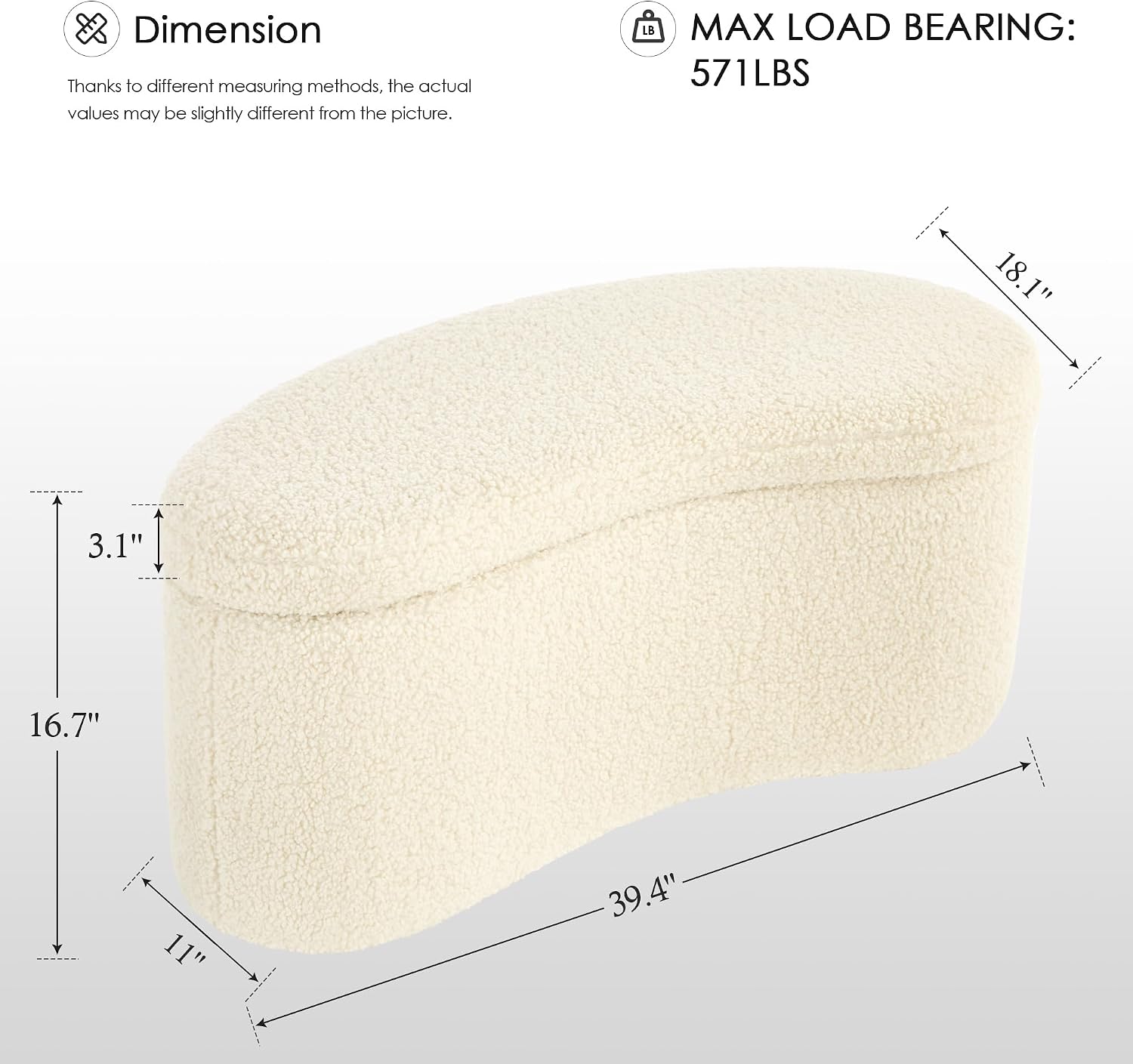 Zesthouse Storage Bench for Bedroom End of Bed, 39.4" Small Curved Entryway Ottoman Bench, White Sherpa Fabric Bench Seat for Living Room Hall Mudroom, Modern Upholstered Coffee Table Crescent Shape
