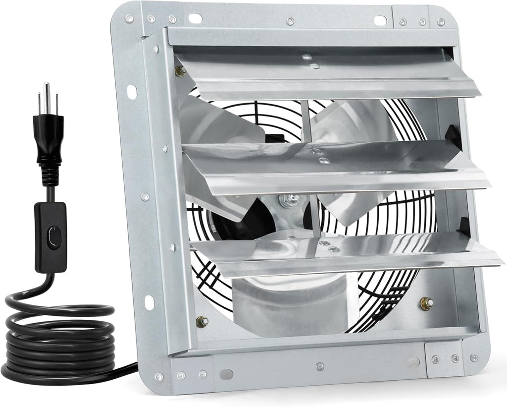 Criditpid 10 Inch Shutter Exhaust Fan 820 CFM, Wall Mounted Exhaust Fan with ON/OFF Power Cord for Greenhouse, Chicken Coop, Attic, Shed, Garage, Warehouses Ventilation, Low Noise louvered Vent Fan.