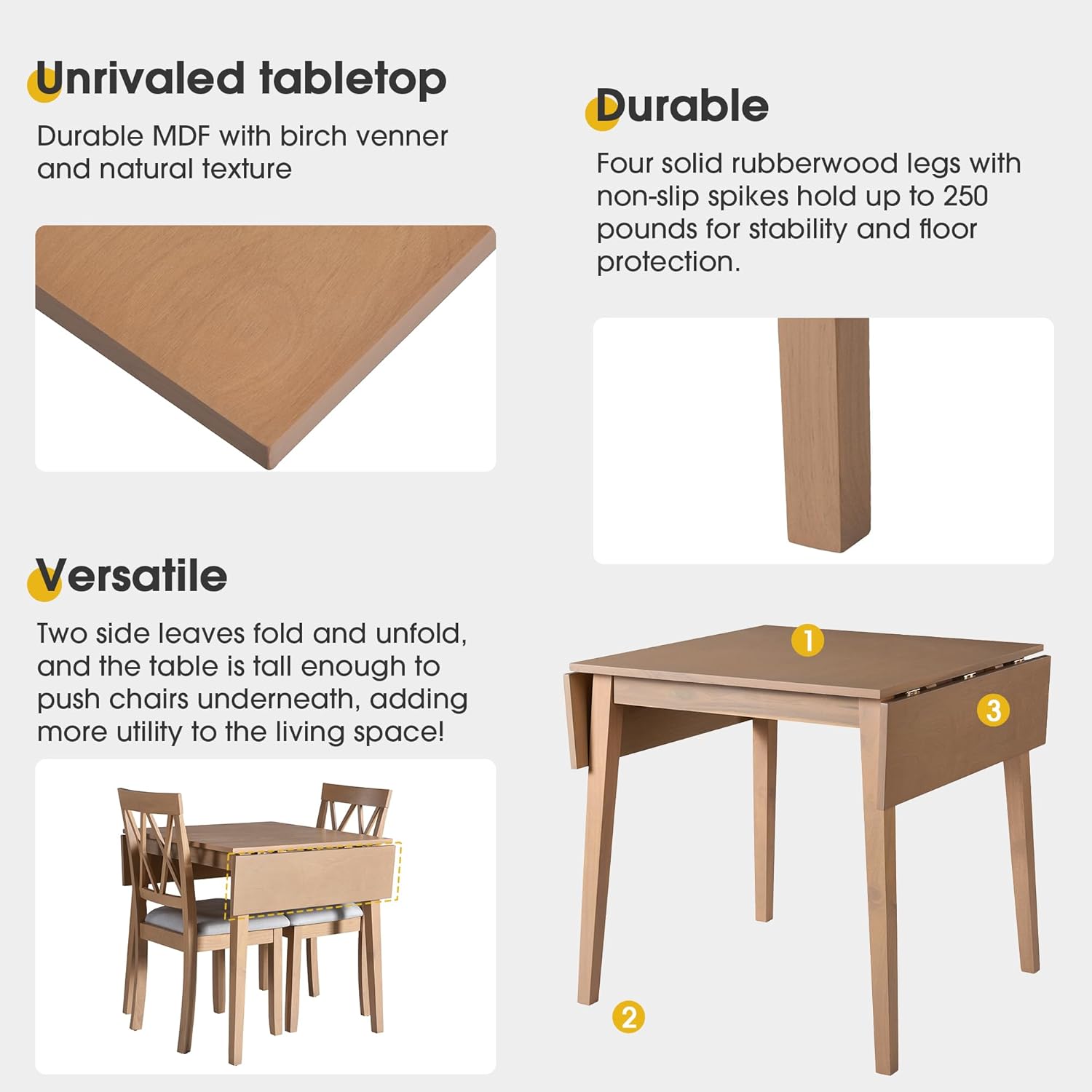 P PURLOVE 5 Piece Kitchen Dining Set, Wood Dining Table Set with Drop Leaf Dining Table and 4 Dining Upholstered Chairs, Dining Room Set for Small Places, Natural
