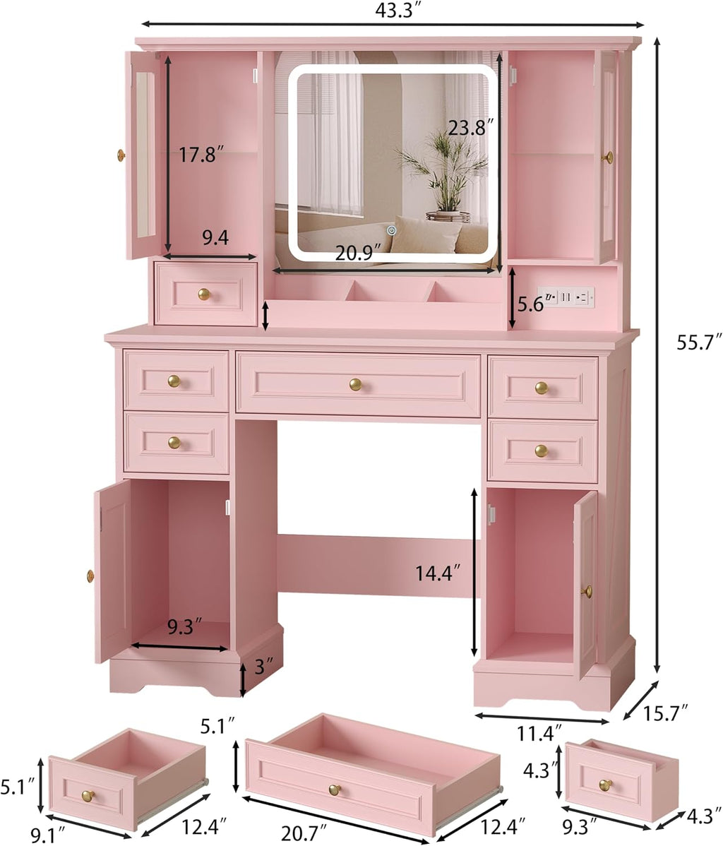 HUANLEGO Farmhouse Makeup Vanity Desk with Mirror and LED Lights, Pink | Vanity Mirror with Lights Desk for Women, Makeup Table Set with RGB Cabinet and 6 Drawers, Charging Station, 3 Light Modes