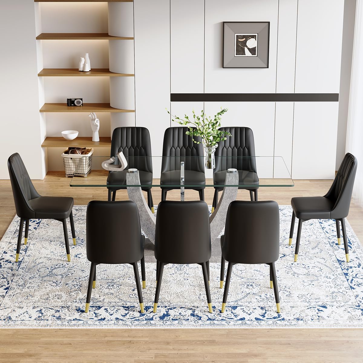 71" Glass Dining Table Set for 8, 9 Piece Dining Room Table Set with Upholstered Chairs, Kitchen Table Set for 8 for Home, Apartment, or Villa