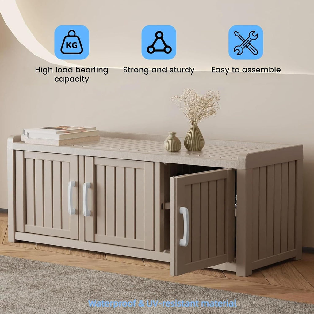 3 Doors Shoe Bench, Waterproof & UV-Resistant, Resin Shoe Cabinet Indoor & Outdoor Use, Entryway Bench with Adjustable Shelves & Hidden Storage Space for Bedroom, Hallway, Grey