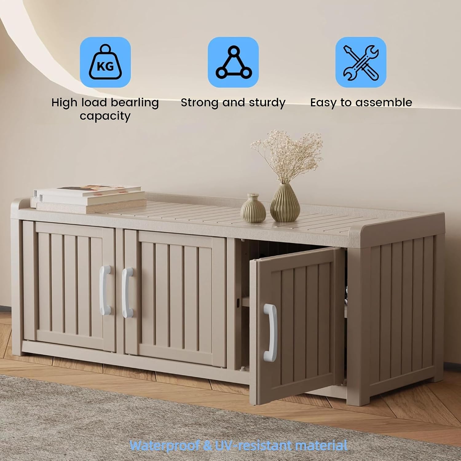 3 Doors Shoe Bench, Waterproof & UV-Resistant, Resin Shoe Cabinet Indoor & Outdoor Use, Entryway Bench with Adjustable Shelves & Hidden Storage Space for Bedroom, Hallway, Grey