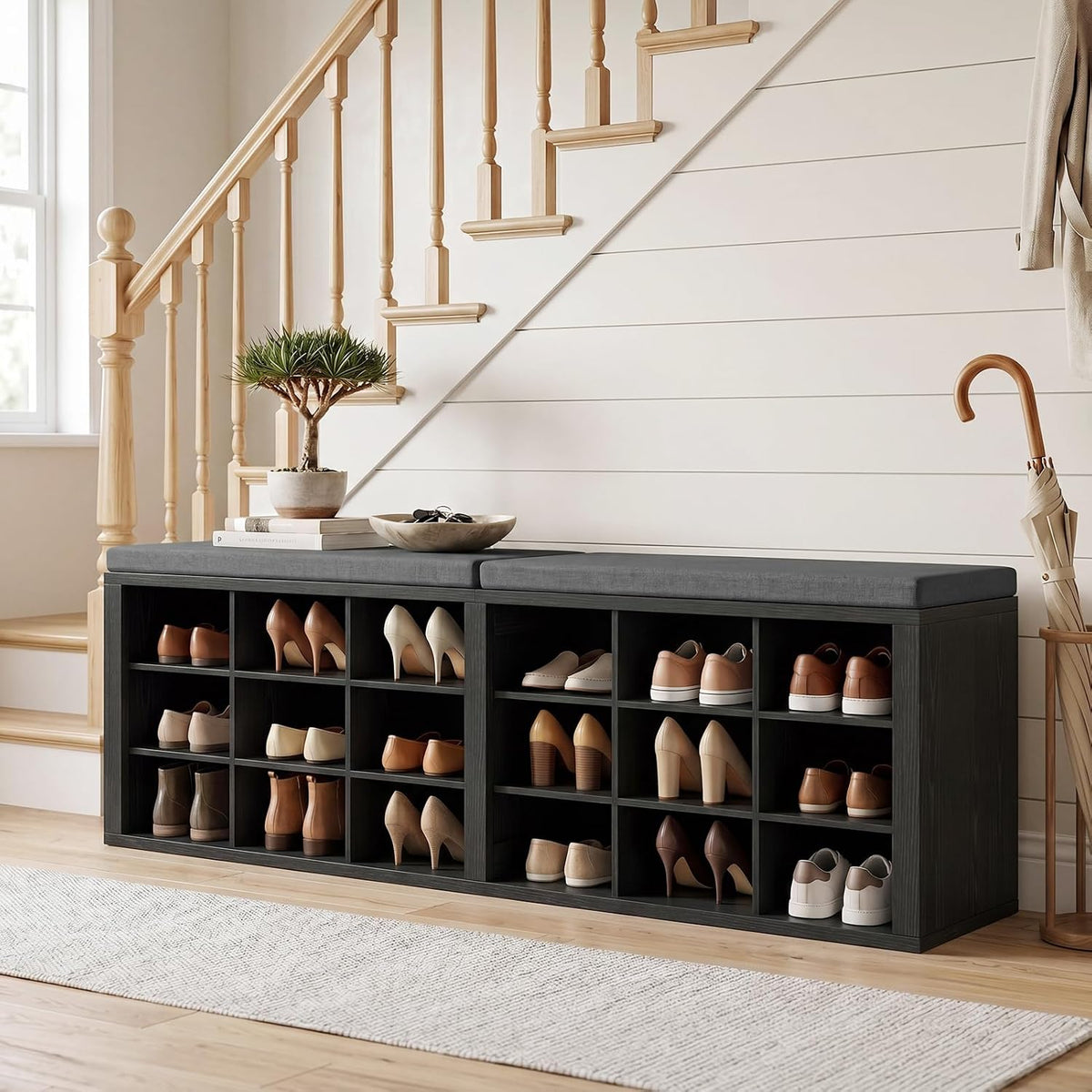 AMONIDA Shoe Storage Bench with Cushion, Entryway Bench with Shoe Storage,18 Cubby Shoe Bench with Removable Dividers, Shoe Organizer Bench for Entryway, Living Room, Light Grey (18, Black)