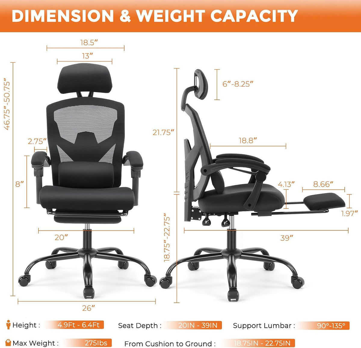 Sweetcrispy Ergonomic Office Chair, Computer Desk Chair with Lumbar Support | High-Back Mesh, 360° Rolling Work, Swivel with Wheels, Comfy Arms, Home Bedroom Study, Black