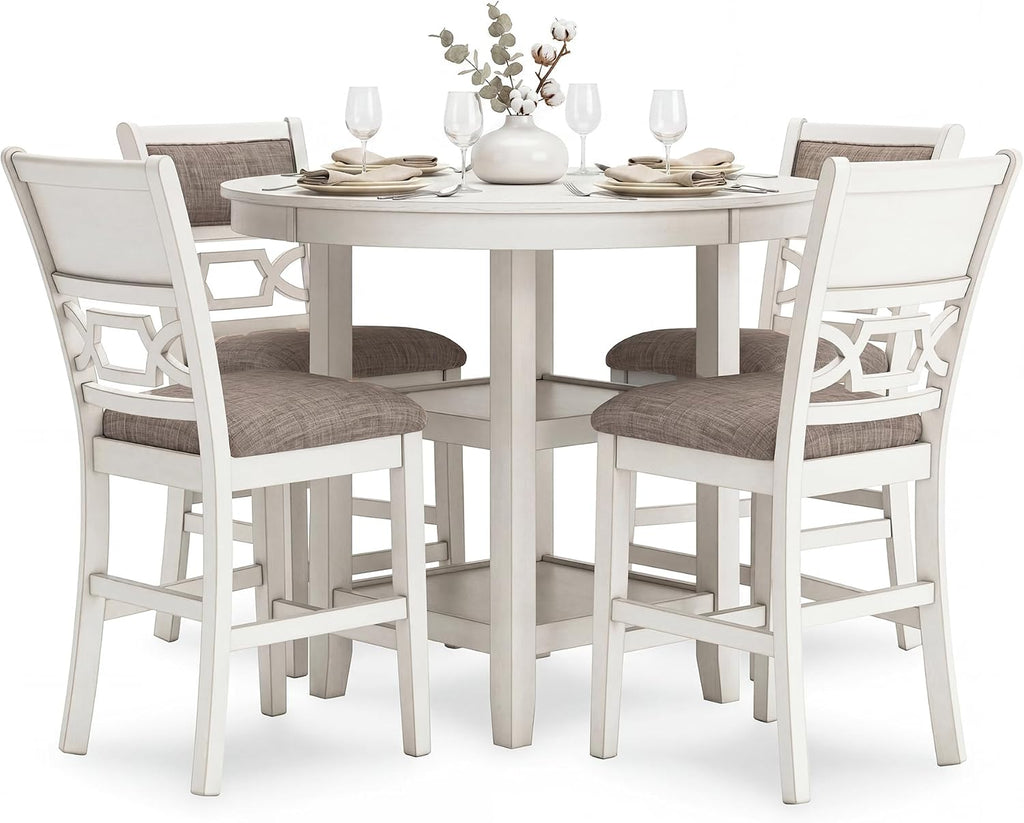 Signature Design by Ashley Round Dining Table Set for 4, Counter Height | 42-inch round table with built-in storage shelves, 4 foam-cushioned light gray barstools, Antique white finish, Erinberg