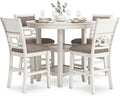 Signature Design by Ashley Round Dining Table Set for 4, Counter Height | 42-inch round table with built-in storage shelves, 4 foam-cushioned light gray barstools, Antique white finish, Erinberg