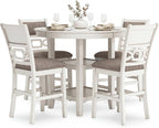 Signature Design by Ashley Round Dining Table Set for 4, Counter Height | 42-inch round table with built-in storage shelves, 4 foam-cushioned light gray barstools, Antique white finish, Erinberg