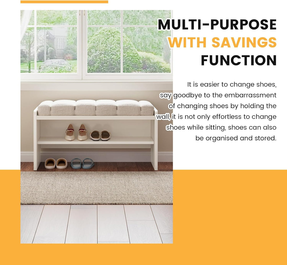 Modern Shoe Bench with Storage, Shoe Rack with Cushion Upholstered Fabric Shoes Changing Stool with 2 Tier Storage Space for Entryway Living Room End of Bed Bedroom, Cream White