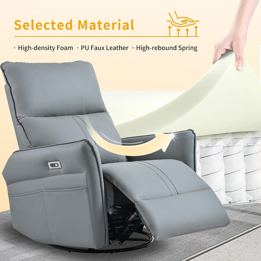 Power Swivel Rocker Recliner Chair with USB Charging Port | PU leather, 270° swivel, power recline, rocking motion, USB & Type-C ports, side pockets, 330 lb capacity, living room