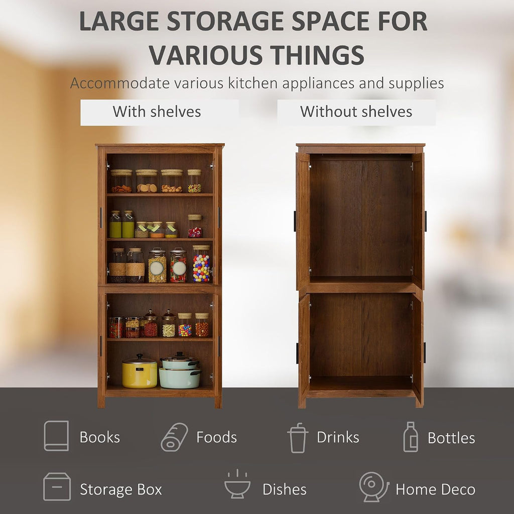64in Tall Freestanding 4-Door Kitchen Storage Pantry Cabinet with 5-Tier Interior Shelves 3 Adjustable 88lb Maximum Capacity Oak Finish