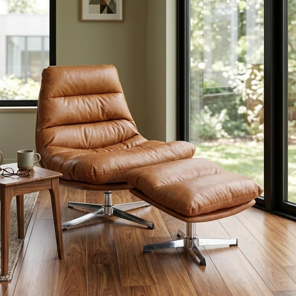 BESTANO Swivel Accent Chair with Ottoman, Mid Century Modern Faux Leather Lounge Chair with footrest, Comfy Oversized Armchair with 360 Degree Metal Base for Living Room Bedroom, Brown