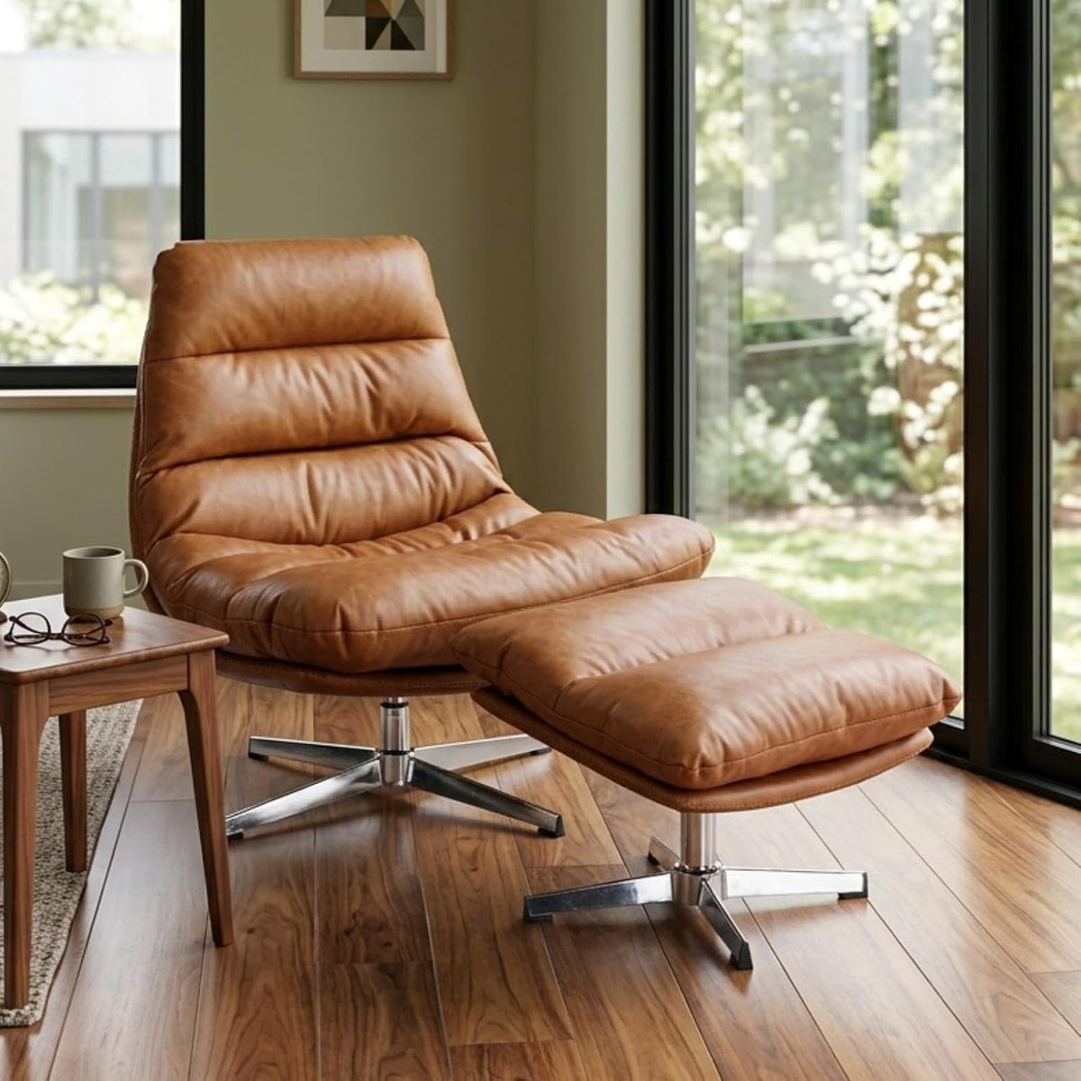 BESTANO Swivel Accent Chair with Ottoman, Mid Century Modern Faux Leather Lounge Chair with footrest, Comfy Oversized Armchair with 360 Degree Metal Base for Living Room Bedroom, Brown