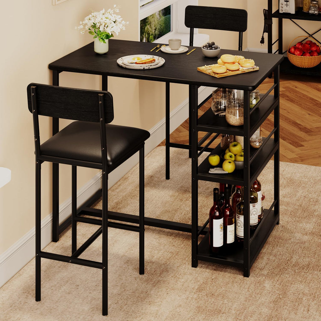 IDEALHOUSE Dining Table Set for 2, Counter Height Kitchen Table and Chairs, Bar Table Set with 2 Upholstered Bar Stools, 3 Piece Dining Room Table Set for Small Space, Apartment, Retro Black