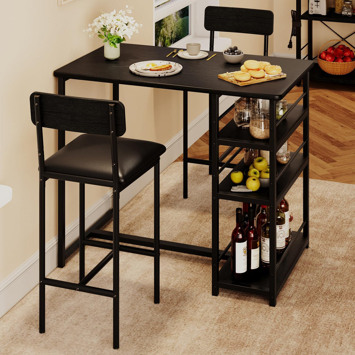 IDEALHOUSE Dining Table Set for 2, Counter Height Kitchen Table and Chairs, Bar Table Set with 2 Upholstered Bar Stools, 3 Piece Dining Room Table Set for Small Space, Apartment, Retro Black