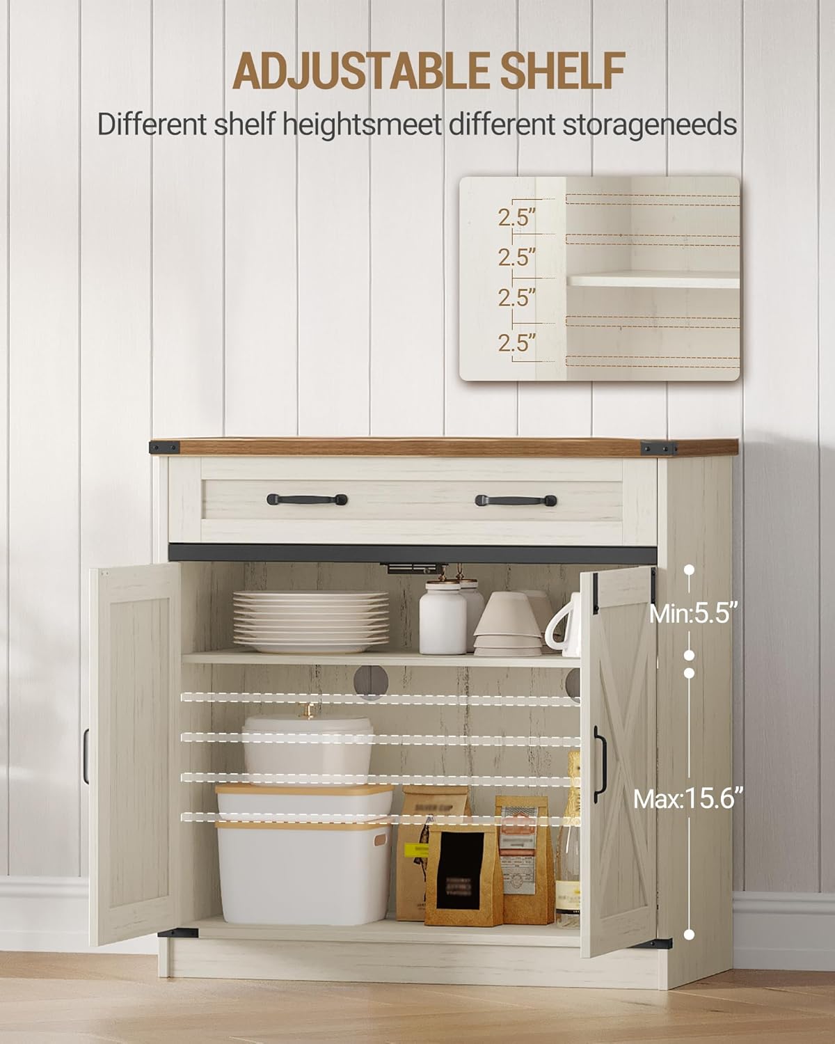 Hzuaneri Kitchen Storage Cabinet, Buffet Cabinet with Storage, Modern Farmhouse Sideboard Cabinets with Drawer, 31.5" Coffee Bar Cabinets with Doors & Adjustable Shelves, for Kitchen, White Brown