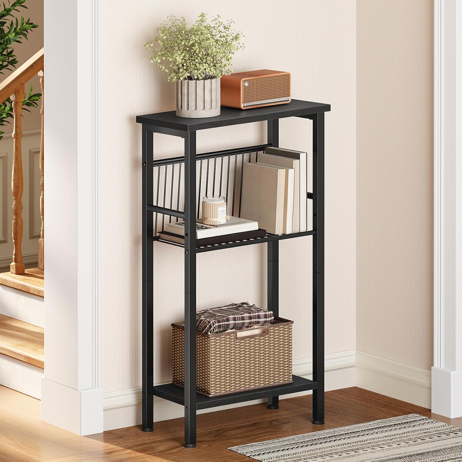 HOOBRO 15.7" Narrow Console Table for Small Space, 3 Tier Entryway Table with Adjustable Shelf, Behind Couch Table, Sofa Table, for Entryway, Hallway, Living Room, Black BB41XG01