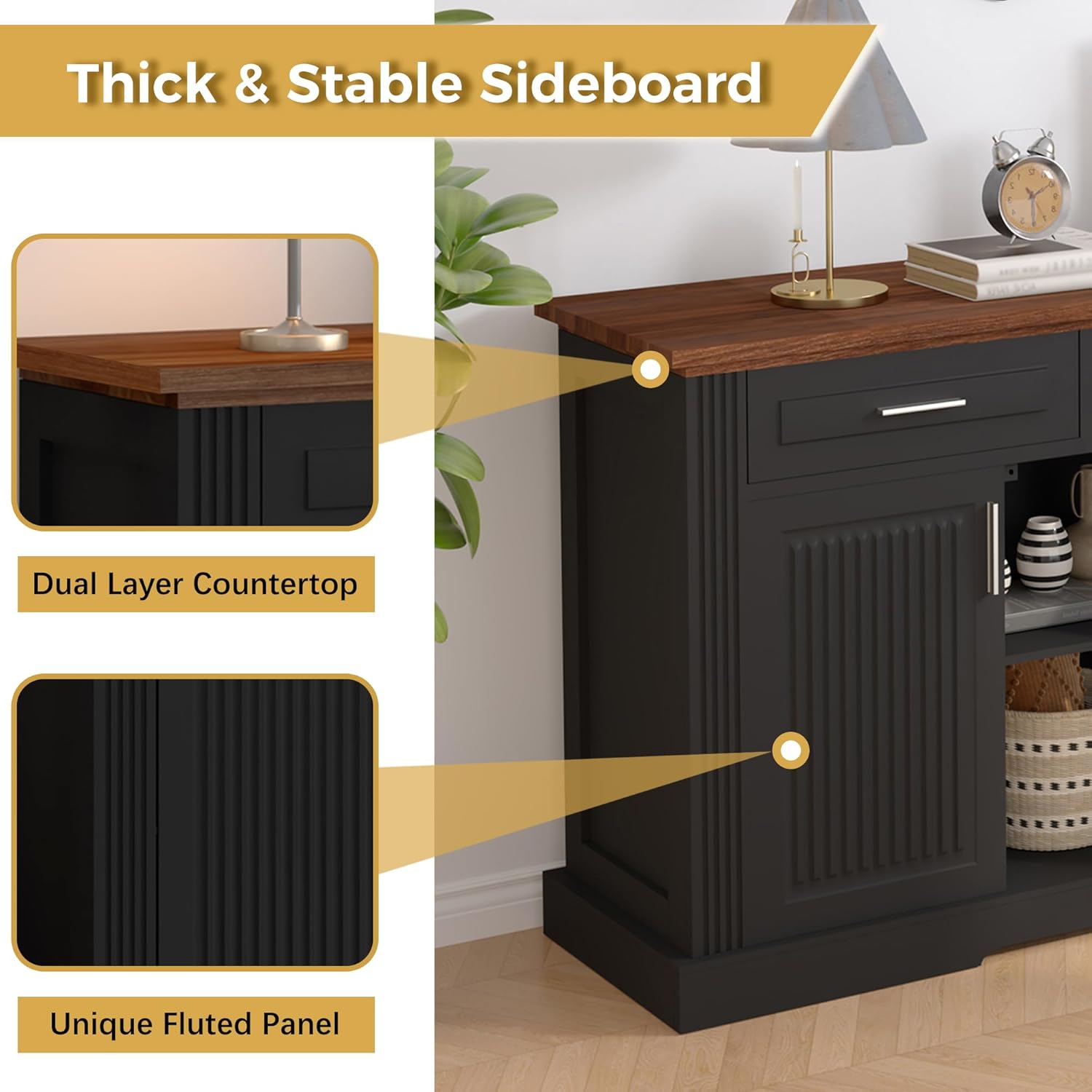 KEIKI 63" Fluted Sideboard Buffet Cabinet with Storage – 4 Doors, 3 Drawers, Adjustable Shelves, Kitchen Buffet, Cabinet for Dishes, Kitchen Console Cabinet, Black