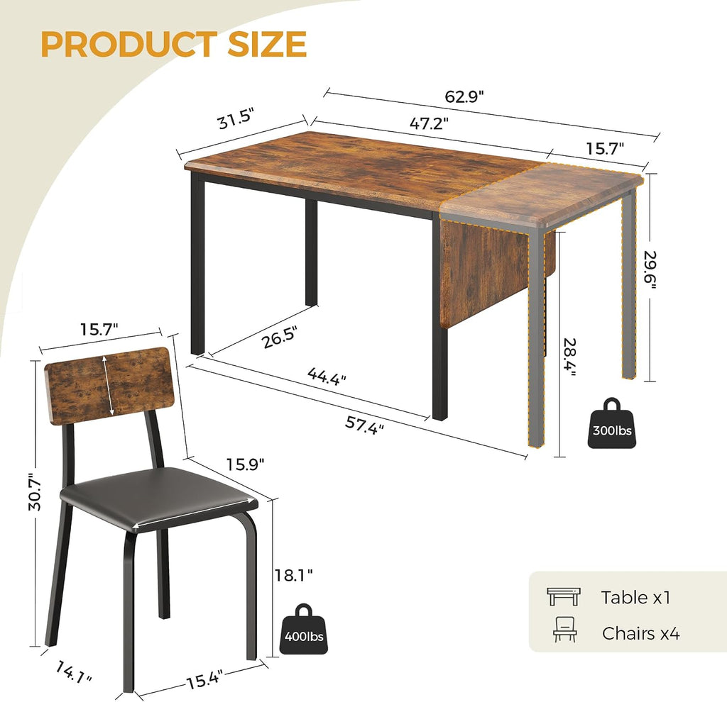 IRONCK 5-Piece 63" Extendable Dining Table with 4 Upholstered Chairs, Kitchen Table Set for 4-8 People, Dining Room Sets with MDF Wood Board, Drop Leaf Table Design for Space Saving, Rustic Brown