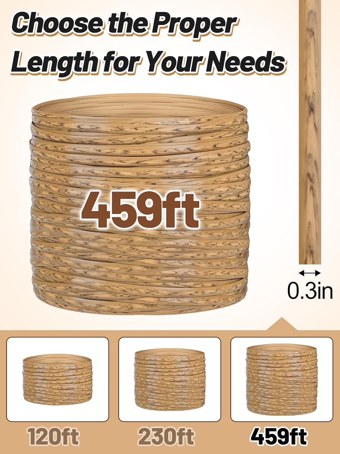 Biggun 459ft Wicker Repair Kit with Tangle-Free Reel - Rattan Patio Chair Repair Kit for Wicker Furniture Sofas, Premium New Materials Basket Weaving Webbing Replacement Parts (Light Brown)