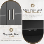 70" Tall Arched Cabinet with 7 Color LED Light, Modern Farmhouse Display Cabinets with Glass Doors, Wooden Storage Cabinet for Living Room and Kitchen Pantry (Black)