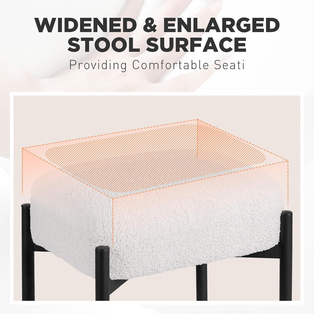 Vanity Stool Chair Faux Fur, 16.3" L x 12.8" W x 17.3" H Soft Ottoman, Makeup Chair Bench Furry Padded Seat with 4 Metal Legs, Footstool Multifunctional Chairs for Bedroom, Living Room, White