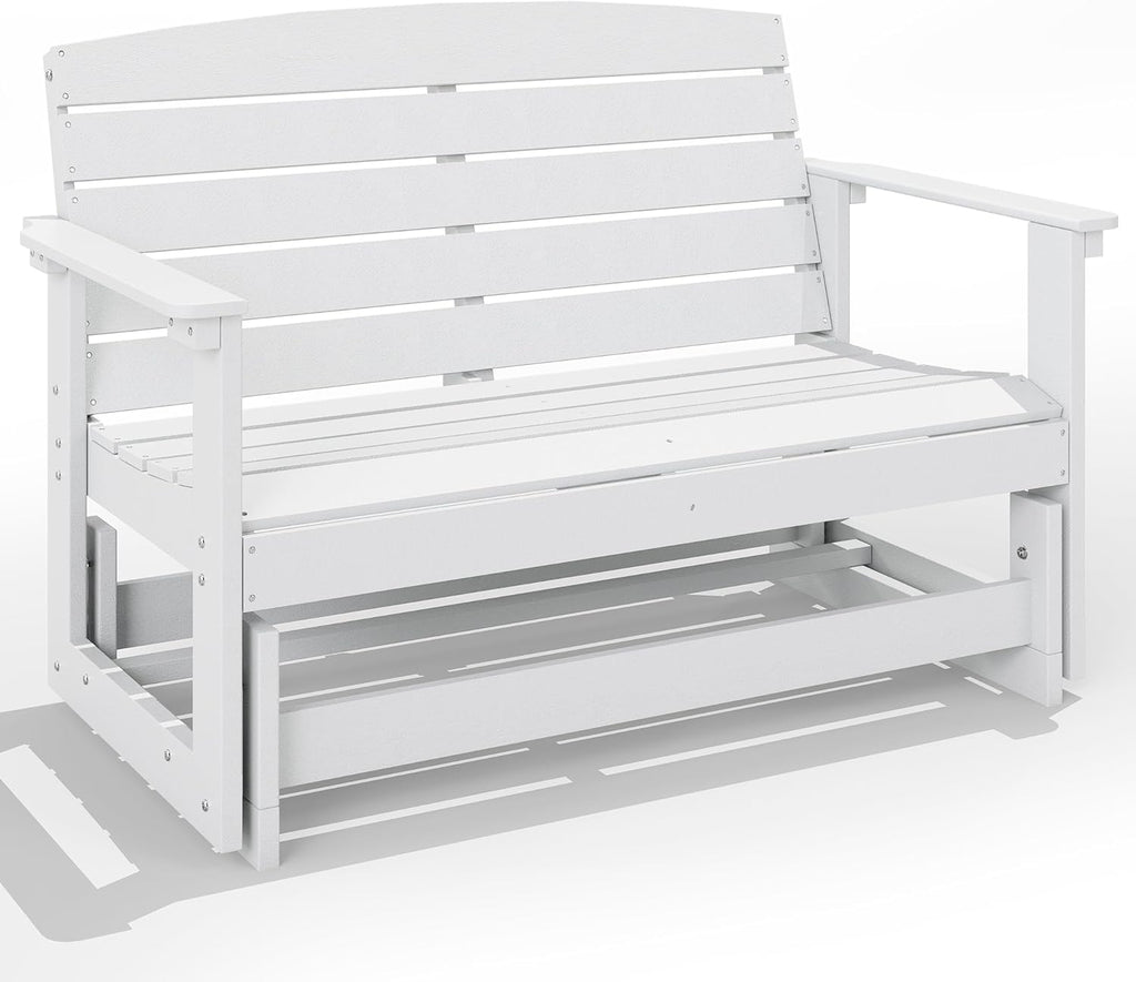 Outsunny 2-Person Outdoor Glider Bench HDPE Weather Resistant White | Patio Double Swing Glider Rocking Chair Loveseat, with Armrests, Slatted Seat and Backrest, for Backyard Garden Porch