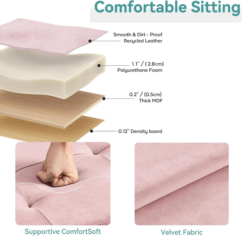 BRIAN & DANY 15" Small Ottoman with Storage Cube, Square Storage Ottoman Foot Stool with Wood Legs, Velvet Ottomans for Living Room, Bedroom, Dorm, Pink