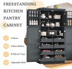 Hassyee 35.5 x 17.6 x 70.9 inch Freestanding Kitchen Pantry Cabinet, Tall Storage Cabinet with 4 Doors, 2 Door Shelves, 8 Pull-Out Trays and Adjustable Shelf for Dining Room (Gray)