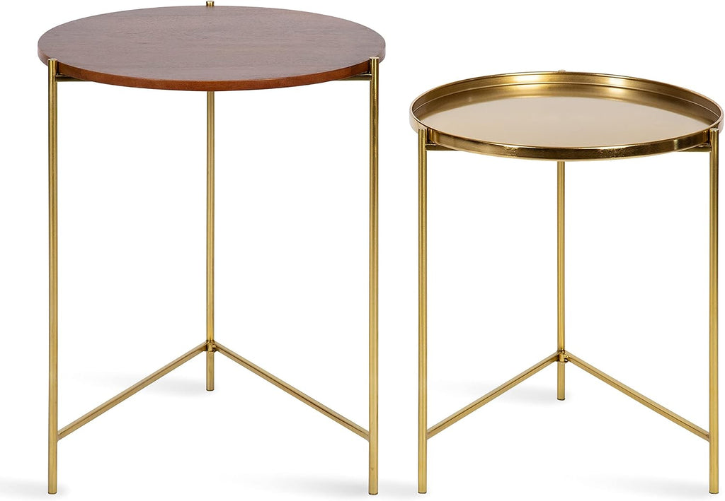 Kate and Laurel Ulani Modern Nesting Side Table, Set of 2, Walnut Brown Wood and Gold Metal, Glamorous End Tables for Storage and Display