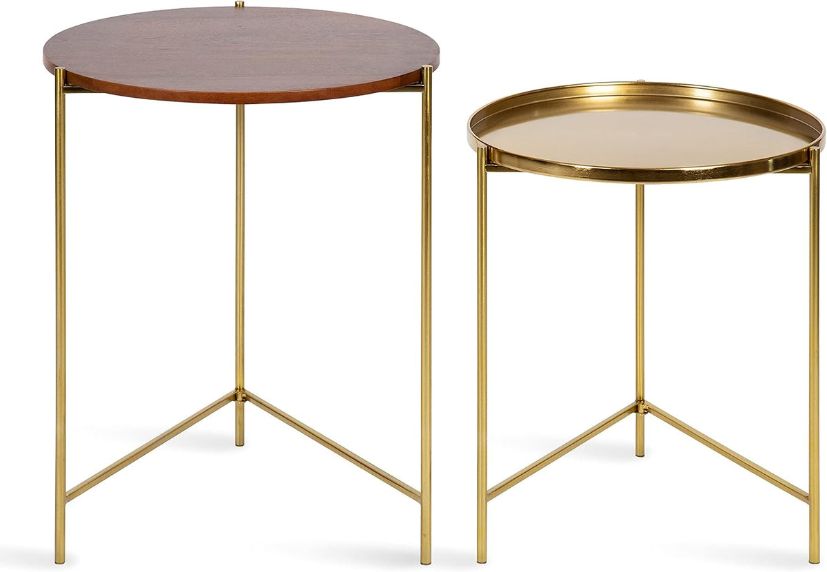 Kate and Laurel Ulani Modern Nesting Side Table, Set of 2, Walnut Brown Wood and Gold Metal, Glamorous End Tables for Storage and Display