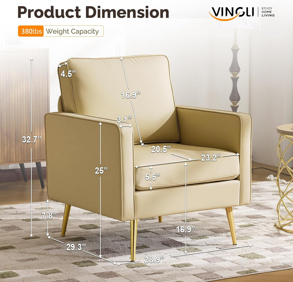 VINGLI Faux Leather Accent Chairs Set of 2 with Gold Legs for Living Room | Brown Armchair, Thick Foam Cushion, Durable Faux Leather PU, Sturdy 380 LB Frame, Elegant Gold Legs, Compact Modern Design