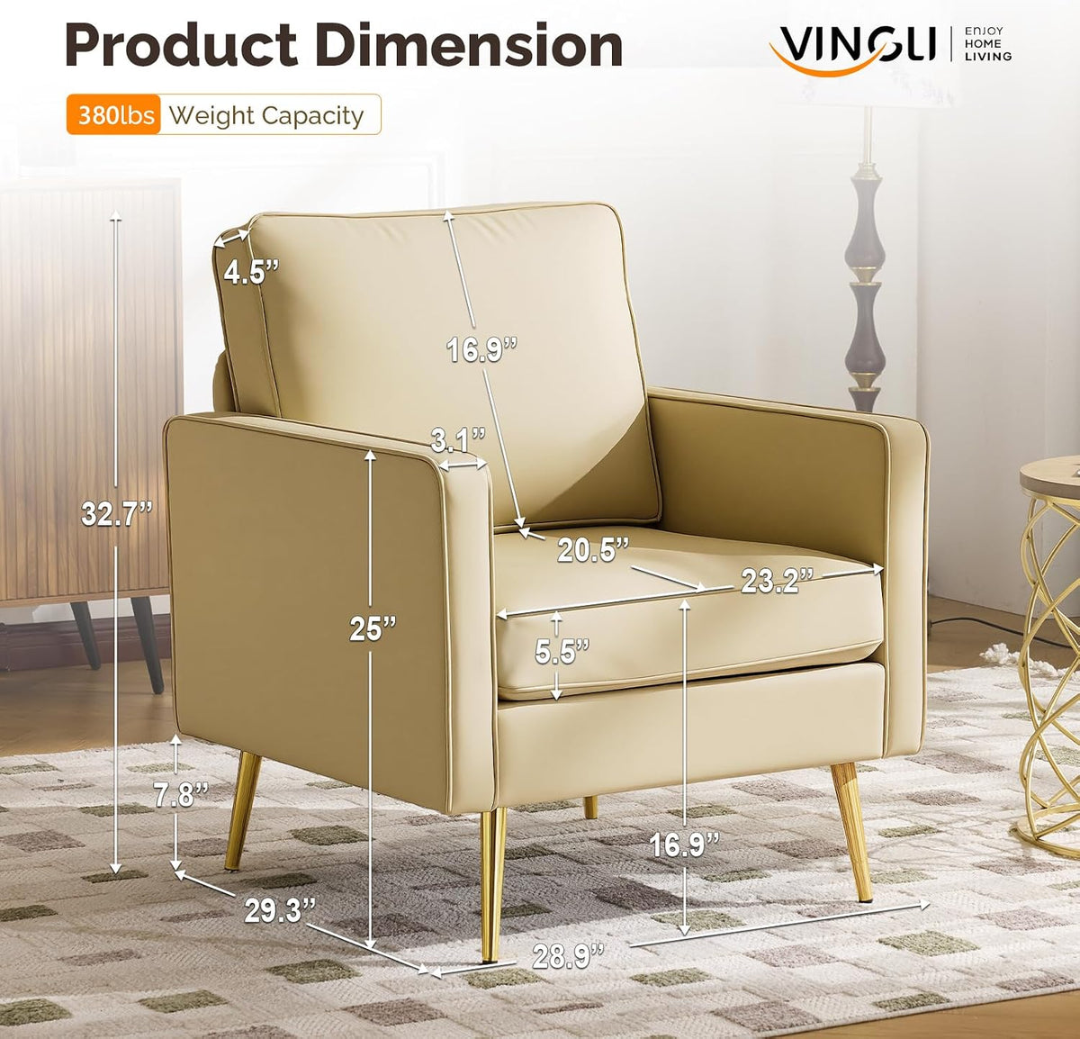 VINGLI Faux Leather Accent Chairs Set of 2 with Gold Legs for Living Room | Brown Armchair, Thick Foam Cushion, Durable Faux Leather PU, Sturdy 380 LB Frame, Elegant Gold Legs, Compact Modern Design