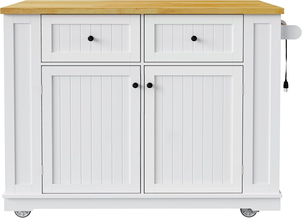 48" Kitchen Island with Drop Leaf, Power Outlet and Wheels | Drop Leaf Extension, Built-In Power Outlet, Rolling Wheels, 48 Inch Width, Kitchen Storage