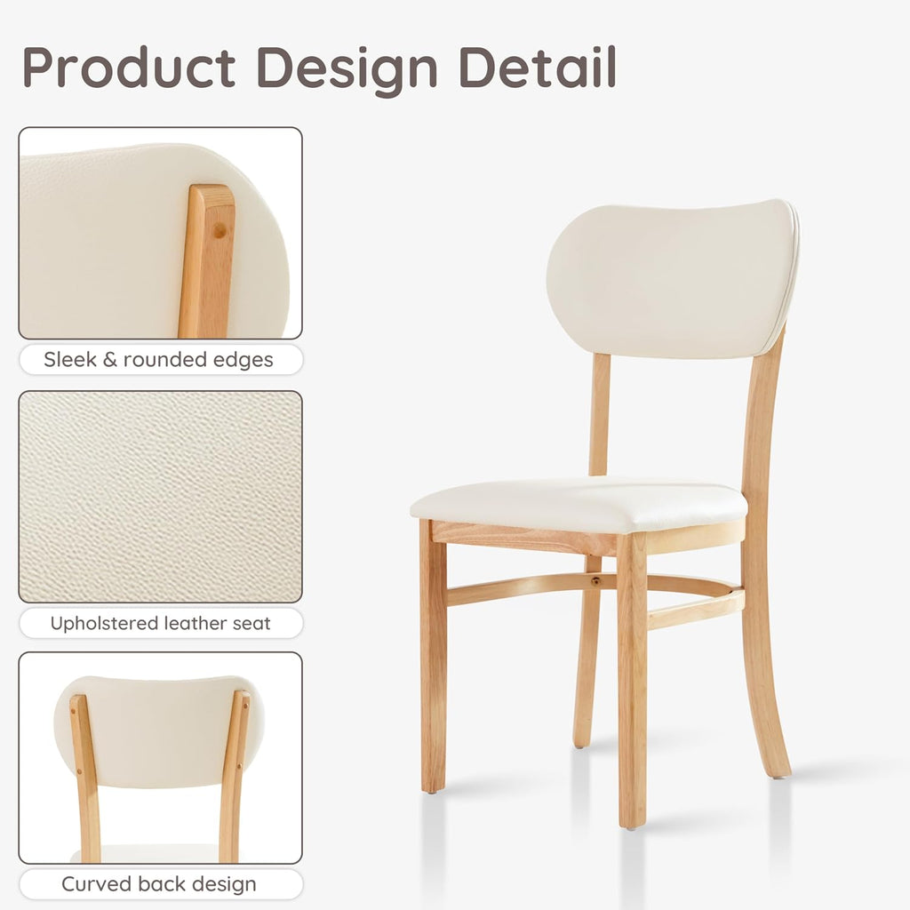 Livinia Tony Dining Chair Set of 2, Solid Malaysian Oak PU Leather Upholstered Cushion Seat, Rounded Back Side Chairs (Natural)