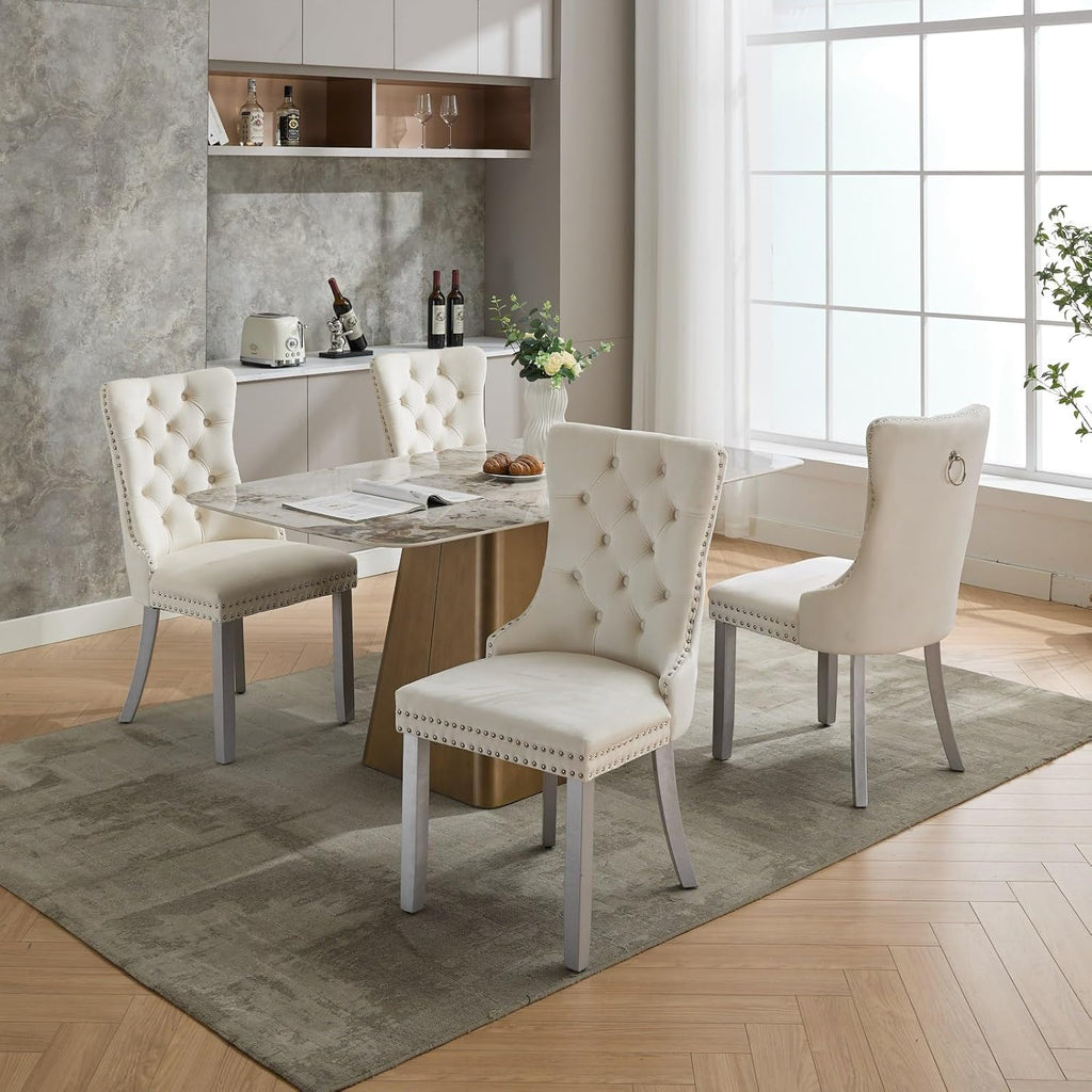 LKTART Dining Chairs Set of 6 Mid-Century Modern Chairs with Pull Ring, Velvet Upholstered Dining Chair with Wooden Legs Nailhead Trim for Kitchen Bedroom Dining Room (Beige)