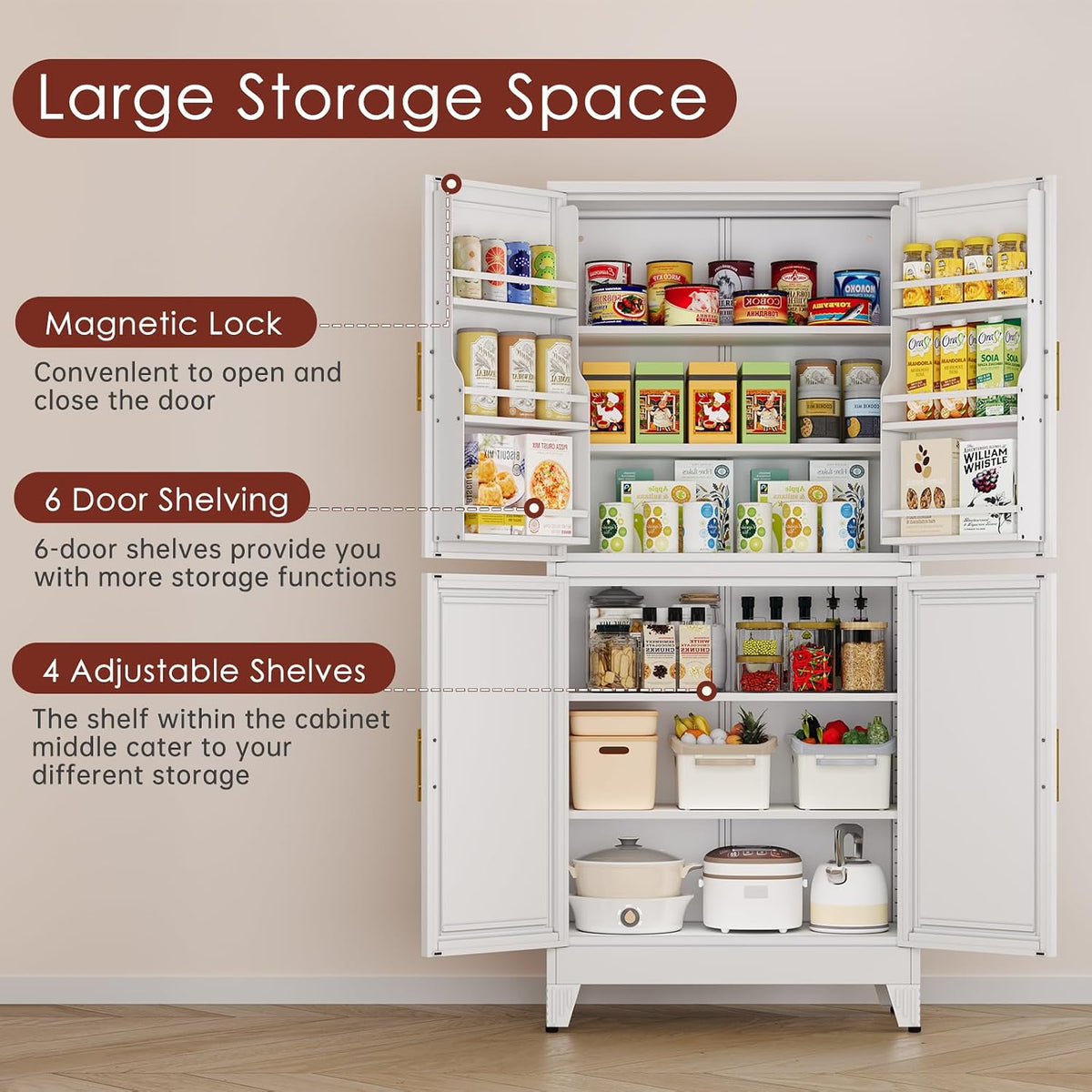 PAOFIN 75" H Metal Storage Cabinet, Pantry with 6 Door Shelves and 4 Adjustable Shelves, Leveling Foot for Kitchen, Living Room and Dinning Room, White