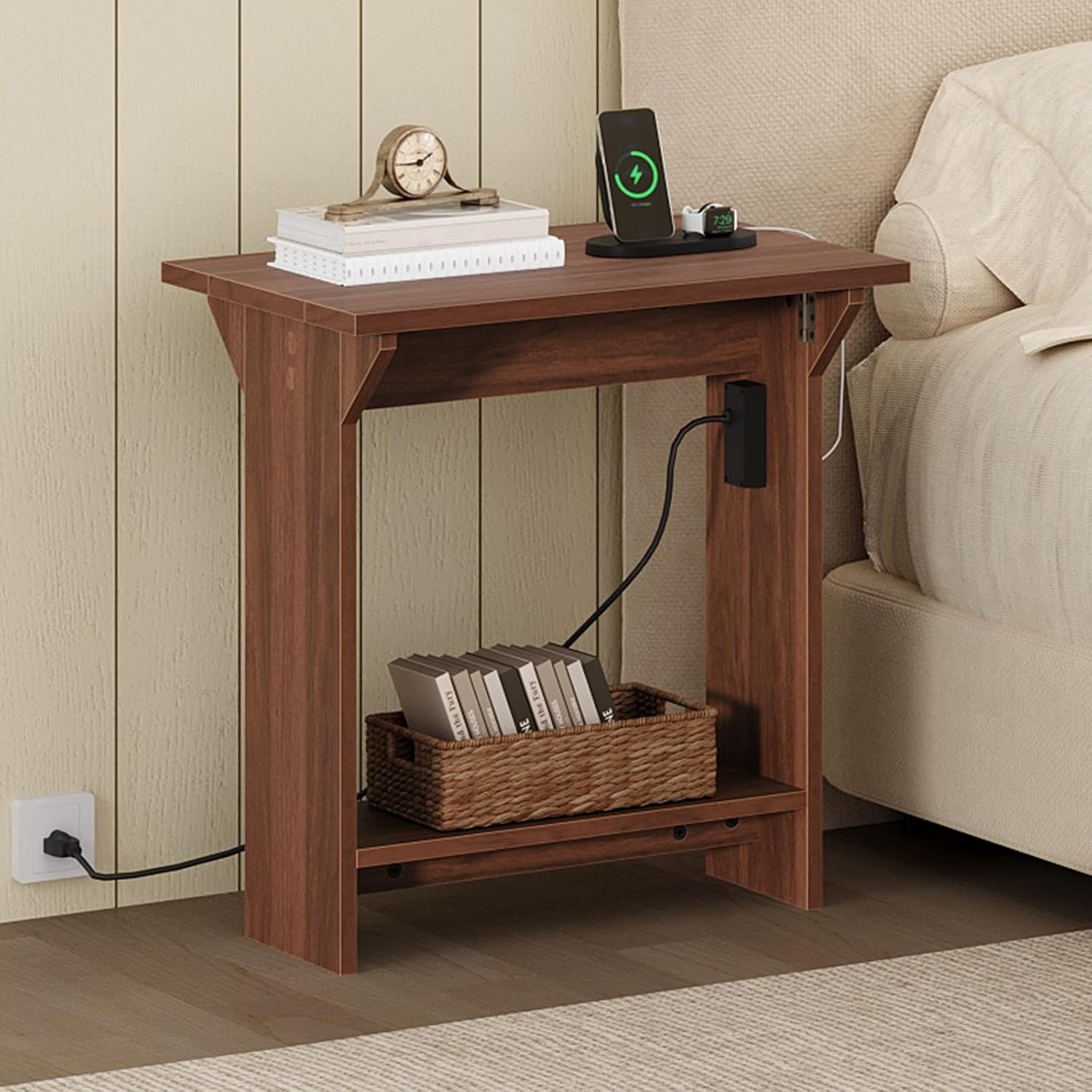MAHANCRIS End Table with Charging Station, Foldable Narrow Side Table, Narrow Nighstand with Folding Top, Small Side Table for Small Spaces, for Living Room, Bedroom, Walnut ETZB74E01