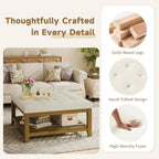 Befurtori Large Square Ottoman Coffee Table, Linen Solid Upholstered Footrest Ottoman with Solid Wood Shelf Storage Tufted Coffee Table for Bedroom Living Room, Ivory
