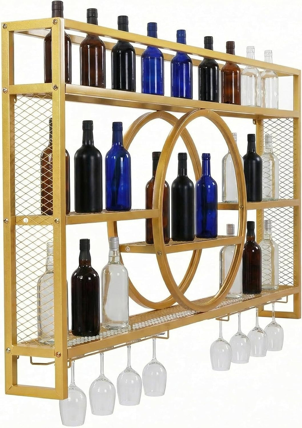 Metal Wall Mounted Wine Rack 3 Tier with LED Light Large Capacity Modern Liquor Shelves with Glass Holder Storage for Home Bar Dining Room Kitchen Living Room