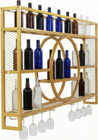 Metal Wall Mounted Wine Rack 3 Tier with LED Light Large Capacity Modern Liquor Shelves with Glass Holder Storage for Home Bar Dining Room Kitchen Living Room